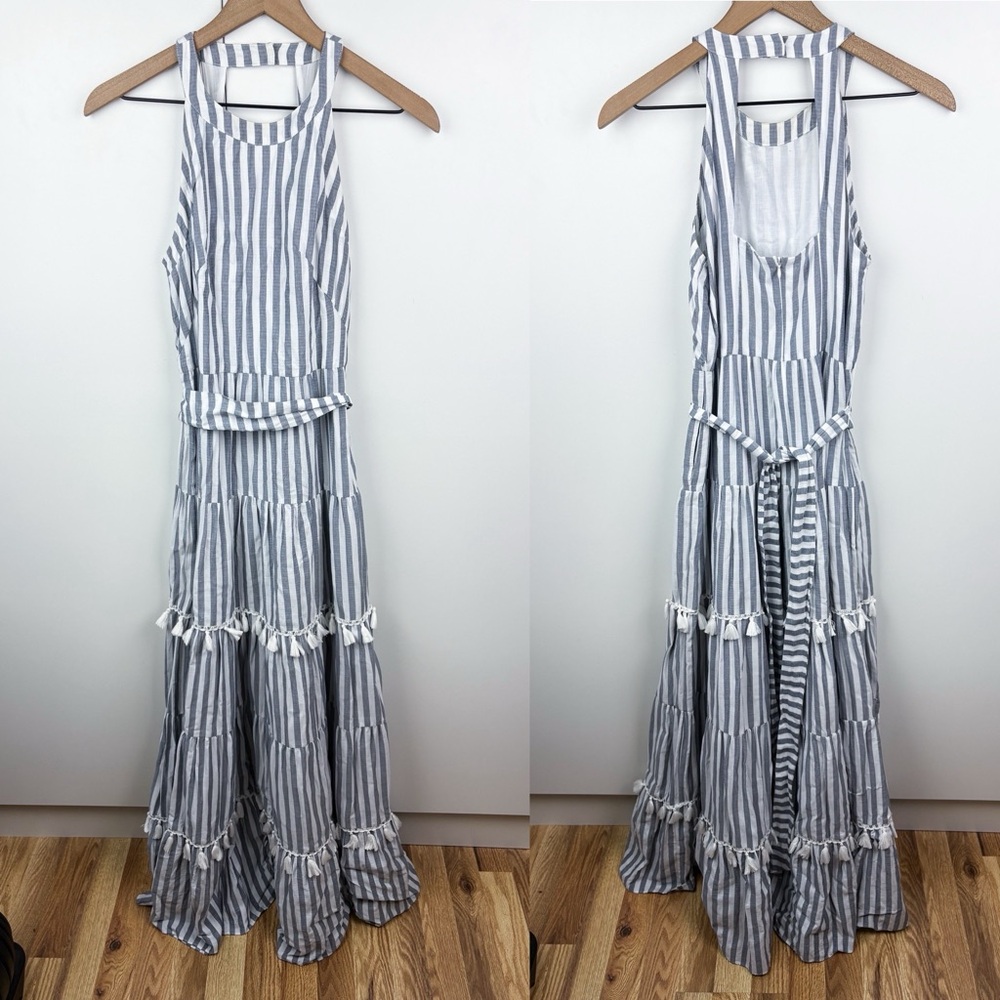 Eliza J Striped Tassel Trim Maxi Dress Cotton Tiered Sleeveless Resort Grey - Picture 2 of 11